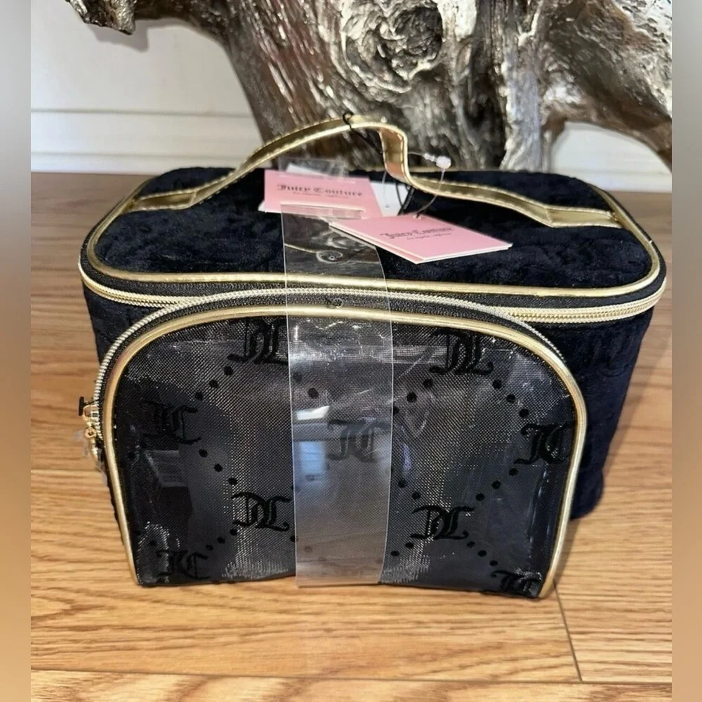 NEW JUICY COUTURE Black VELOUR 2 PK TRAVEL COSMETIC MAKEUP BAG SET